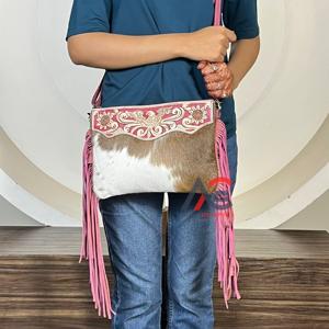 Trending Pink Tooled Leather Cowhide Fringe Shoulder Bags Western Floral Eagle Pattern <b>Large</b> Capacity Evening Handbag for Ladies - Product Image 1