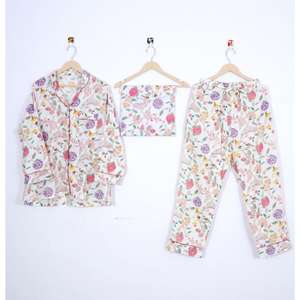 Ensemble de pyjama en coton 100% à motif floral, design simple, imprimé à la main, vêtements de nuit pour femmes, ensemble léger pour l'été, pour dormir - Product Image 1