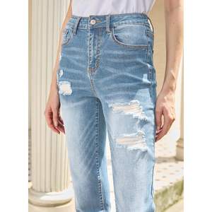 2025 talla 16 DE MUJER Zimbaplatinum cintura alta pierna recta Casual Jeans Beau azul rasgado desgastado Boyfriend pantalones de mezclilla - Product Image 6