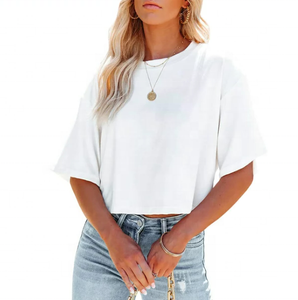 เสื้อยืดคอกลมแขนสั้นผ้าฝ้าย 100% สำหรับผู้หญิง ทรงหลวม พิมพ์ลาย ครอปท็อป ดีไซน์โอเวอร์ไซส์  ปักลายเรียบง่าย สีดำ สีขาว สไตล์ลำลอง - Product Image 3