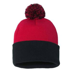 Bonnet unisexe camouflage color block avec pompon 56-58CM, bonnet d'hiver décontracté en coton tricoté pour adultes, rouge et bleu marine - Product Image 3