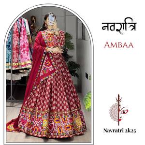 Conjunto de Lehenga Choli y Dupatta de Rayón y Algodón con Estampado Azarakh y Adornos de Espejo, Estilo Tradicional Indio, Nueva Variedad para Festivales - Product Image 2