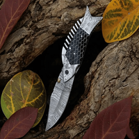 Damast-Klappmesser mit Fischdesign, handgefertigt aus Damaststahl, Harzgriff, OEM anpassbar, Camping, Drop-Point, 3 Jahre Garantie