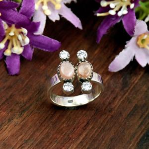 Bague ajustable en argent sterling 925 avec pierre de lune pêche, faite à la main, style bohème, pour femme, cadeau - Product Image 2