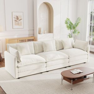 Divano a 3 Posti in Ciniglia Bianca Stile Mid-Century Moderno per Soggiorno con 2 Braccioli e 3 Cuscini Decorativi - Product Image 3