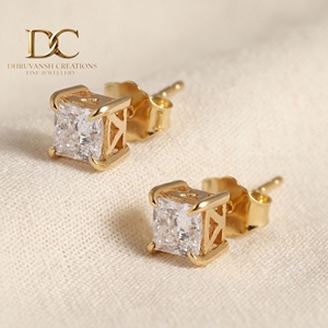 Designer 14KT Solid Yellow Gold IGI Certified Lab Grown <b>Diamond</b> <b>Square</b> Cut Stud <b>Earring</b> For Women Gift for Any Occasion - Product Image 5