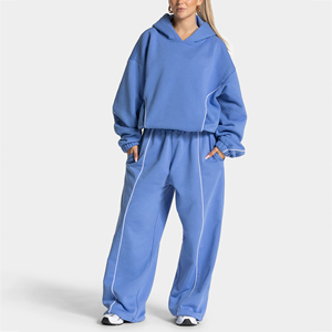 Sudadera con capucha informal extragrande para mujer, azul celeste con contraste, de forro polar premium, con ribetes, al por mayor - Product Image 5