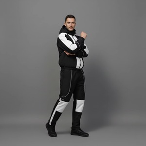 Men's Black White Color Blocking Tracksuit Hooded Full Zip Sporty Breathable <b>Polyester</b> <b>Jogger</b> Set Autumn Wear - Product Image 6