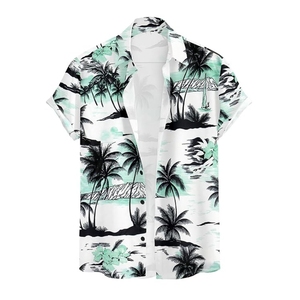 Chemise hawaïenne boutonnée, blanche avec imprimé photo palmiers, style vacances d'été - Product Image 1