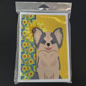Summer Sunflowers Chihuahua Greeting Cards Pack 8 Whimsical A7 Size 5x7 Blank Note Cards <b>Envelopes</b> Longhaired Blue <b>White</b> Theme - Product Image 3