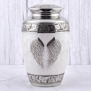 Urna Funeraria para Adultos de Latón Marrón y Plateado con Diseño de Alas y Flores para Cenizas Humanas, Acabado Pulido - Product Image 3