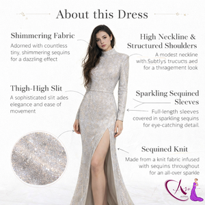 Elegante Vestido de Noche con Lentejuelas Plateadas |   Vestido largo ajustado de manga larga y cuello alto |   Vestido de Fiesta, Cóctel, Boda, Formal, de Lujo - Product Image 5