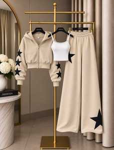 Ensemble de survêtement décontracté 3 pièces pour femme, uni, respirant, coupe ample, avec sweat à capuche zippé, débardeur côtelé et pantalon de survêtement large - Product Image 1