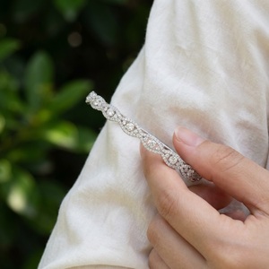 <b>Solid</b> 18k White <b>Gold</b> Natural Genuine Diamond Vintage Scalloped Edge Dainty Stackable Thin <b>Bangle</b> Hinged Luxury Fine Jewelry - Product Image 3