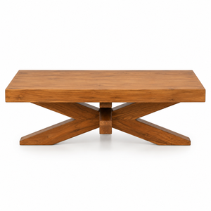 Table basse moderne en teck massif avec plateau rectangulaire épais et base en X, imperméable, écologique et durable - Product Image 2