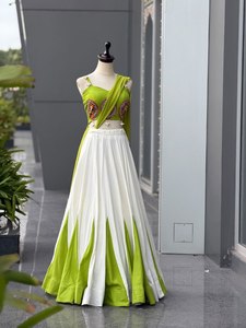 Designer Pure Rayon Fabric With Contrast Panel Design Adorned With Gota Patti Lace And Pearls & <b>Shell</b> Tassels Nvaratri Lehenga - Product Image 5
