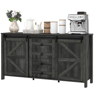 Distressed Dark Gray 60-Inch Farmhouse Buffet Cabinet for Villa/ Home <b>Sideboard</b> Sliding Barn Doors Drawers Adjustable Shelves - Product Image 1