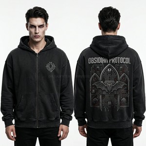 Custom Obsidian Protocol Zip Up Hoodie Men Techwear Style Graphic Printed Hoody Vintage Black Oversized Fleece <b>Zipper</b> <b>Jacket</b> - Product Image 1