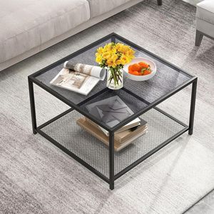 Modern 2-Tier <b>Square</b> Glass Gray Coffee Table with Sturdy Mesh <b>Shelf</b> 1PC for Living Room - Product Image 1