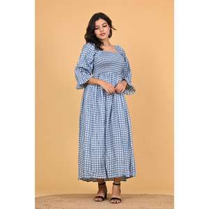 Vestido Largo de Algodón a Cuadros Azul Boho para Mujer, Vestido Maxi Fruncido para Fiesta de Verano - Product Image 6