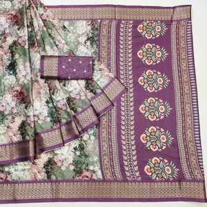 DESIGNER COTTON DIGITAL PRINT WORK SAREE WITH UNSTITCHED <b>BLOUSE</b> WINE - Product Image 1