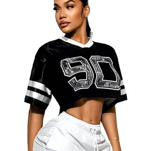 Camiseta Deportiva Corta de Malla Transpirable Negra para Mujer, Estilo Fútbol Americano, con Estampado de Número, Manga Corta, para Deporte y Uso Urbano - Product Image 4