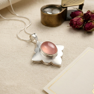 Handmade Geometric Bohemian Pink Chalcedony Oval Pendant <b>Necklace</b> Silver Plated Matte Finish Brass <b>Statement</b> Jewelry Anniversary - Product Image 1