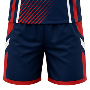 Ensemble de maillot et short de volley-ball bleu marine, rouge et blanc, à manches courtes, sublimé, personnalisé pour équipe, tenue de tournoi - Product Image 6