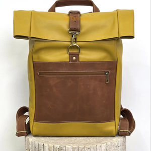 Genuine Leather Roll Top <b>Backpack</b> Mens Retro School Bag Cowhide Travel Rucksack <b>Large</b> Capacity Laptop LTBP-0095 - Product Image 1