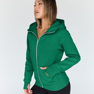 Sudadera con capucha de forro polar para mujer, 100% algodón, verde liso, corte ajustado, con cremallera completa, de alta calidad, parte superior de chándal, venta al por mayor - Product Image 5