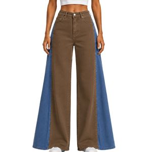 Brown And Blue Women Wide Leg Jeans High Waist Two Tone Denim Pants Casual Streetwear Fashion <b>Trousers</b> Trendy Loose Fit Apparel - Product Image 1