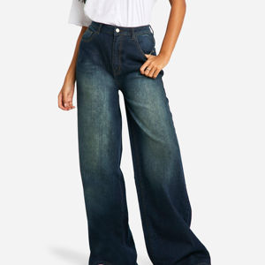 Jean en denim délavé foncé pour femme, coupe large, taille haute, droit, en coton, coupe ample - Product Image 3