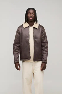 <b>Mens</b> Genuine Leather <b>Aviator</b> Bomber <b>Jacket</b> Sherpa Collar Zip Front Side Pockets Custom Logo Custom Made Coat - Product Image 4