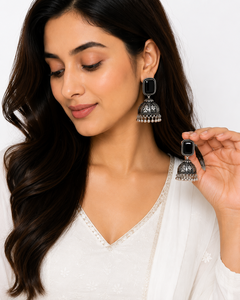 Wholesale Brass Oxidized <b>Silver</b> Black Onyx Jhumka <b>Earrings</b> for Women | Handmade Indian Ethnic Boho <b>Dangle</b> Drop Party <b>Earrings</b> - Product Image 2