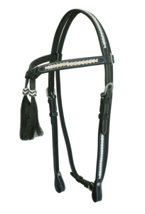 Têtière de boulangerie en cuir noir avec cuir brut naturel tressé à la main, nœuds de futurité équestres réglables et pompon en poils 572 - Product Image 2