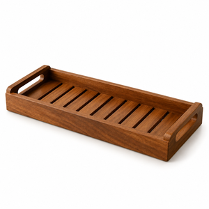Premium Modern Natural Wood Slatted Serving Tray | Cutout Handles Raised Edge <b>Rectangle</b> Tea <b>Coffee</b> Snack Dining <b>Table</b> Wedding - Product Image 1