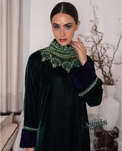 Green Velvet Plus Size Lightweight Abaya High Neck Long Sleeve Floor Length Embroidered Modest Dress Women Middle East Wedding - Product Image 3