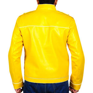 Blouson matelassé en cuir jaune pour homme avec boucle à logo personnalisé, style motard urbain, revers réversible, type Letterman, pour moto - Product Image 5