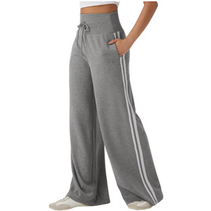 Pantalones de chándal acanalados de pierna ancha con cintura alta, cordón y rayas laterales, para mujer, informales, de largo completo, color liso, transpirables - Product Image 3