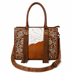 Sac fourre-tout en cuir de vachette à poils, fait main, style western, avec franges, bandoulière réglable, pour usage quotidien et voyage. - Product Image 1