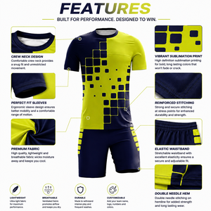 Ensemble maillot et short de football géométrique bleu et jaune pour homme, sublimé, en polyester anti-humidité, coupe athlétique - Product Image 6