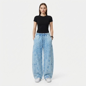 Pantalon large taille haute pour femme en molleton 100% coton, coupe décontractée, longueur intégrale, avec cordon de serrage à la taille, style hiver, type jogging - Product Image 1