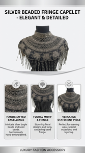 Capa de Hombros con Cuentas Negras y Flecos para Mujer, Cuello Alto, Malla Bordada, Accesorio para Vestido de Noche, Fiesta o Boda, Modelo Ellora - Product Image 6