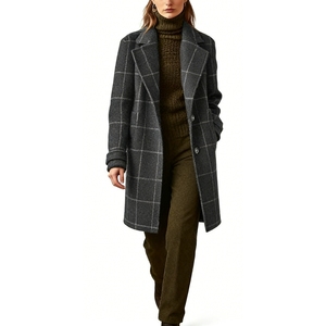 Manteau en laine gris à carreaux pour femme, double boutonnage, col à revers, longueur midi - Product Image 1
