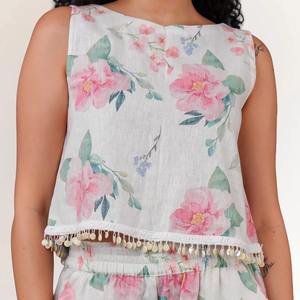 Ensemble coordonné en lin et coton blanc pastel de qualité export, écologique, à motif floral, pour femme, doux, confortable, fluide, coupe trapèze, idéal pour l'été - En promotion - Product Image 3