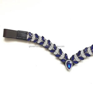Diadema para Caballo Personalizada con Cristales Azules Zafiro en Forma de Gota, Diseño Brillante en Forma de V, Diadema de Cuero Negro Marrón para Caballo - Product Image 1