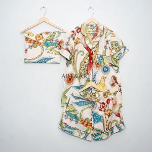 Conjunto de Pijama Corto de Algodón 100% Indio para Mujer, Primavera/Verano, Transpirable, Ligero y de Lujo, con Bolsa de Algodón - Product Image 4