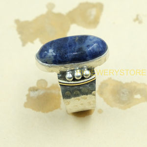 Natural Sodalite <b>Ring</b> 925 Sterling <b>Silver</b> <b>Ring</b> with Brass Design Hammered <b>Ring</b> <b>Statement</b> <b>Ring</b> Sodalite Jewelry Christmas Gift - Product Image 3