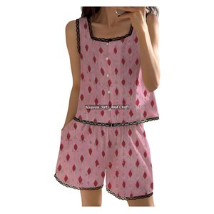 Conjunto de Pijama de Algodón con Encaje Personalizado, Estampado a Mano, Floral, Sin Mangas, para Primavera/Verano, Venta al Por Mayor - Product Image 2