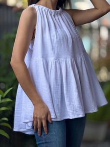 Chemisier Babydoll Vintage pour Femme en Gaze Teinte en Fil 100% Coton, Coupe Droite, Sans Manches ou à Manches Courtes, Débardeur Fluide Décontracté d'Été - Product Image 2